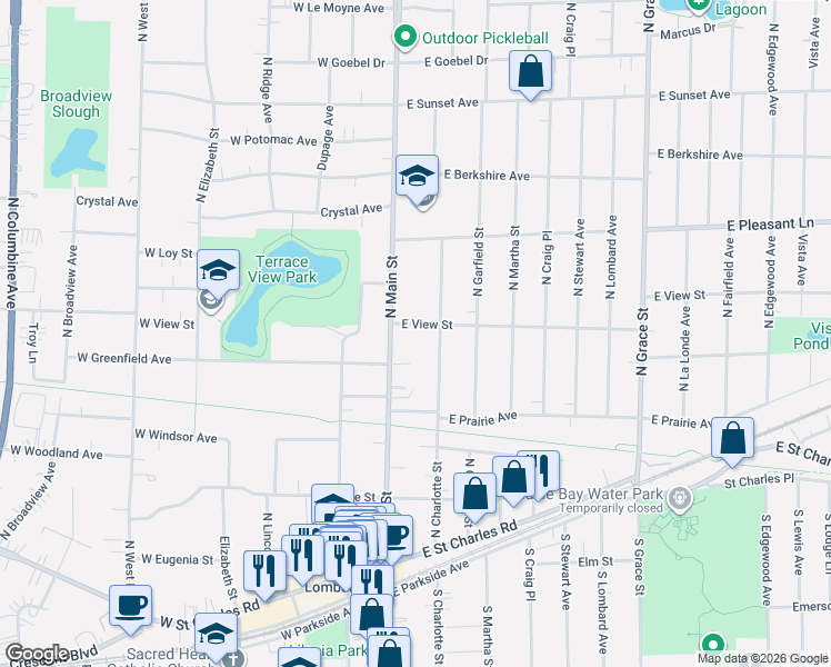 map of restaurants, bars, coffee shops, grocery stores, and more near 248 North Charlotte Street in Lombard