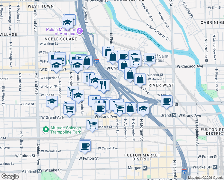 map of restaurants, bars, coffee shops, grocery stores, and more near in Chicago