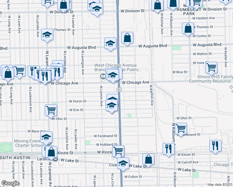 map of restaurants, bars, coffee shops, grocery stores, and more near 722 North Cicero Avenue in Chicago