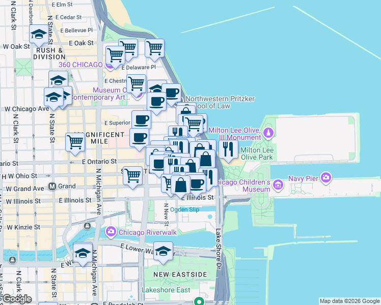 map of restaurants, bars, coffee shops, grocery stores, and more near 439 East Erie Street in Chicago