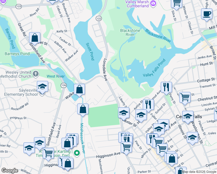 map of restaurants, bars, coffee shops, grocery stores, and more near 1136 Lonsdale Avenue in Central Falls