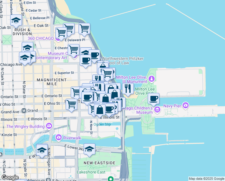 map of restaurants, bars, coffee shops, grocery stores, and more near 644 North Lake Shore Drive in Chicago