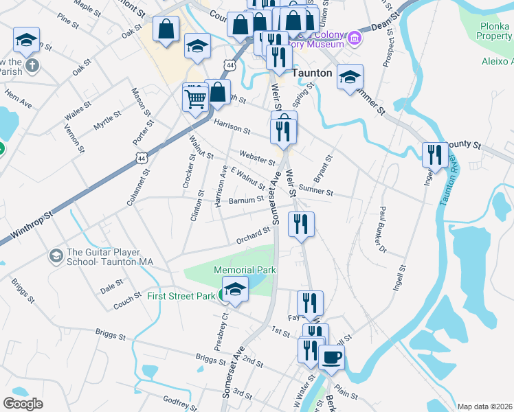 map of restaurants, bars, coffee shops, grocery stores, and more near 101 Somerset Avenue in Taunton