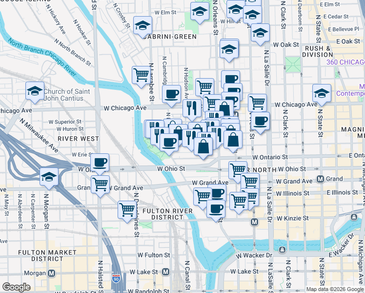 map of restaurants, bars, coffee shops, grocery stores, and more near 448 West Erie Street in Chicago