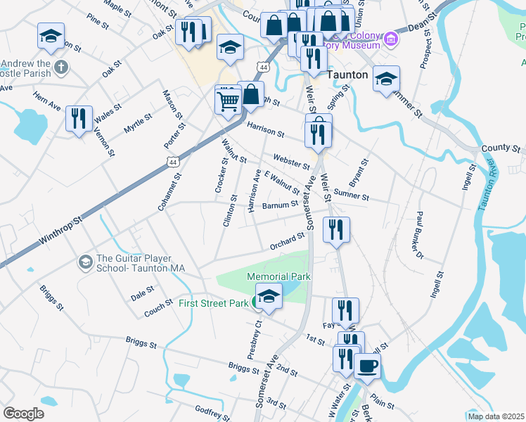 map of restaurants, bars, coffee shops, grocery stores, and more near 24 Barnum Street in Taunton