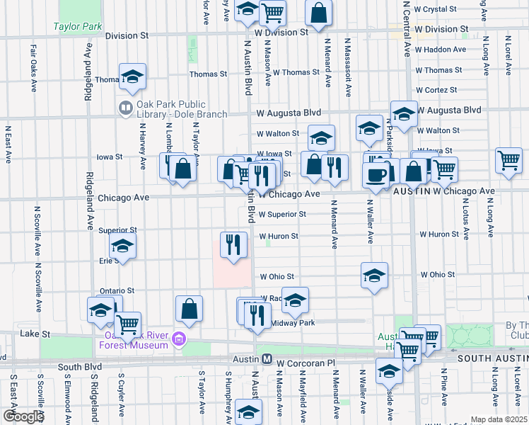 map of restaurants, bars, coffee shops, grocery stores, and more near 5952 West Superior Street in Chicago