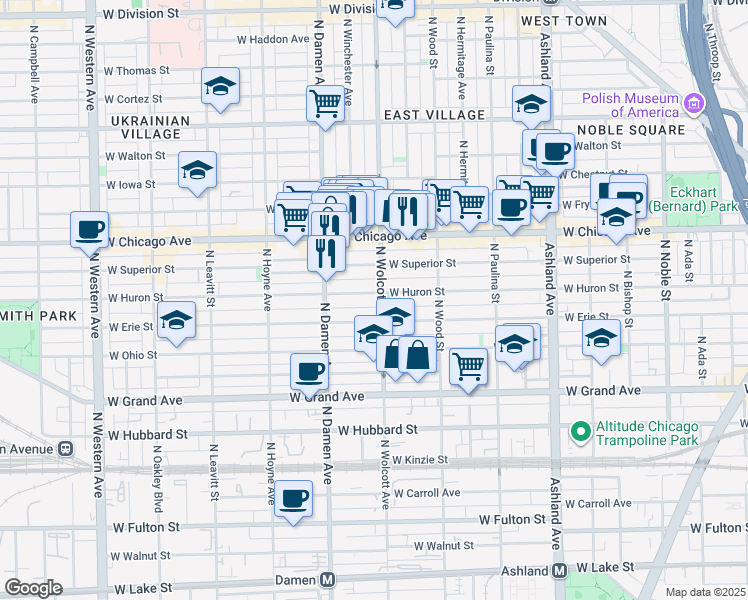 map of restaurants, bars, coffee shops, grocery stores, and more near 1910 West Erie Street in Chicago