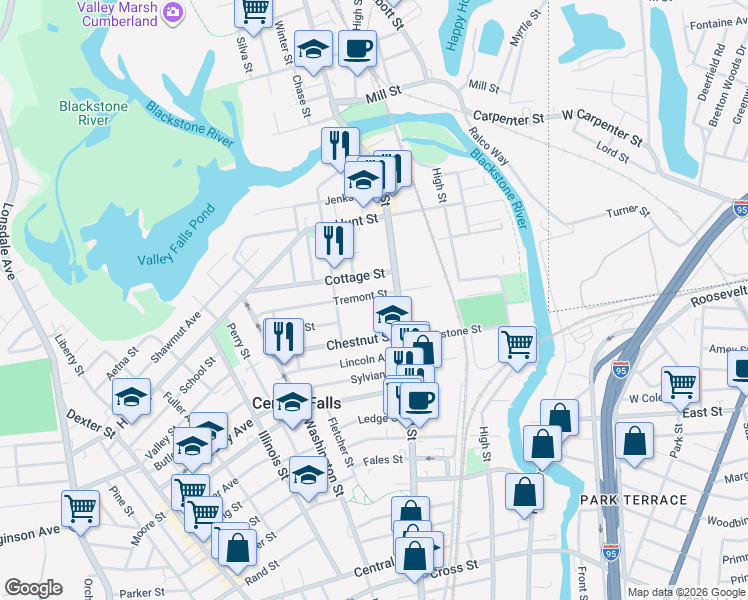 map of restaurants, bars, coffee shops, grocery stores, and more near 62 Tremont Street in Central Falls