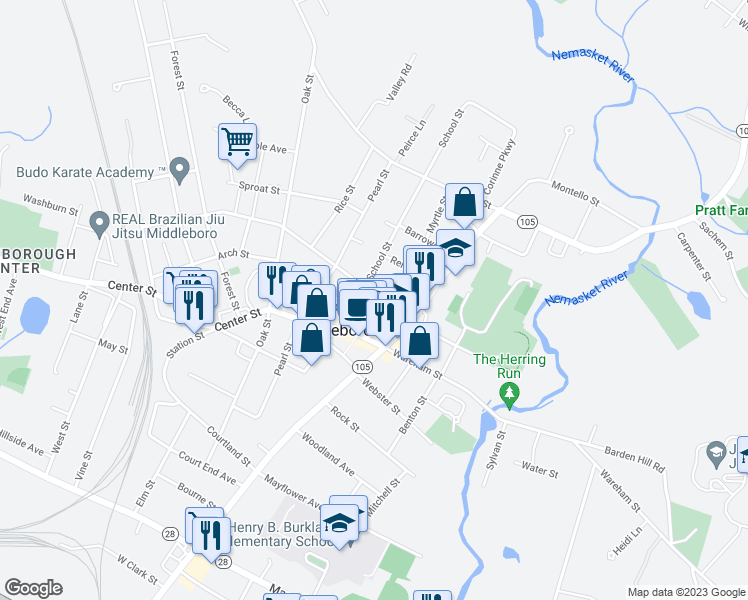 map of restaurants, bars, coffee shops, grocery stores, and more near 46 Peirce Street in Middleborough