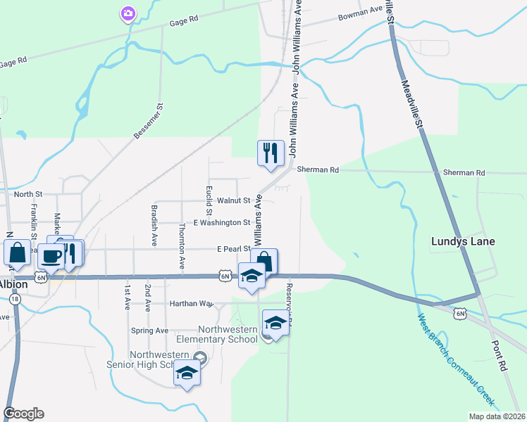 map of restaurants, bars, coffee shops, grocery stores, and more near 10530 E Washington St in Albion