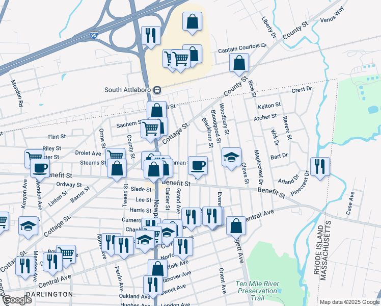 map of restaurants, bars, coffee shops, grocery stores, and more near 63 Ames Street in Pawtucket