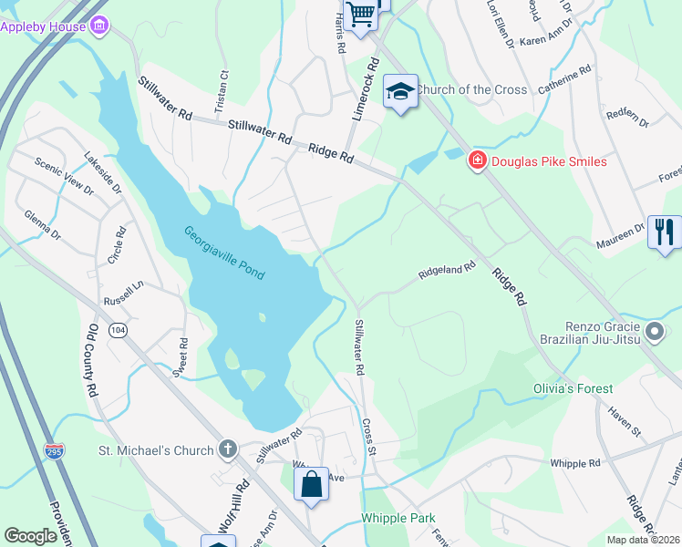 map of restaurants, bars, coffee shops, grocery stores, and more near 63 Stillwater Road in Smithfield
