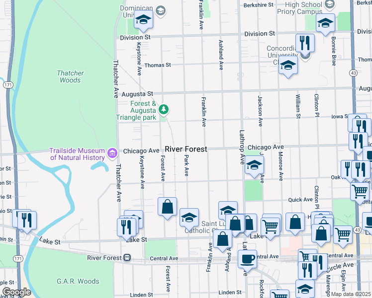 map of restaurants, bars, coffee shops, grocery stores, and more near in River Forest