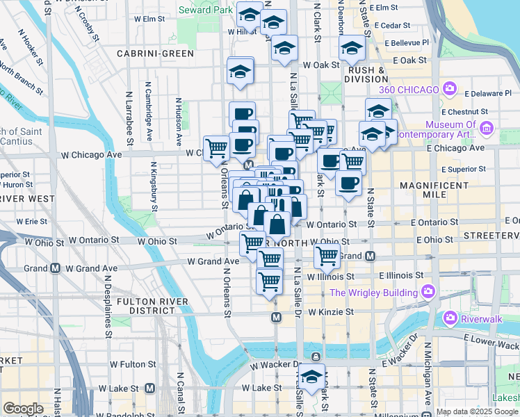 map of restaurants, bars, coffee shops, grocery stores, and more near 222 West Erie Street in Chicago