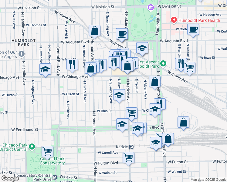 map of restaurants, bars, coffee shops, grocery stores, and more near 652 North Sawyer Avenue in Chicago