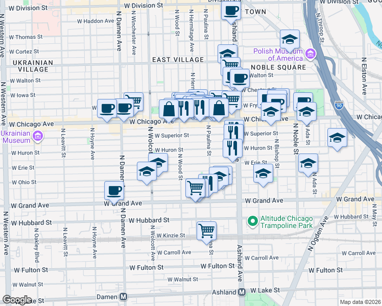 map of restaurants, bars, coffee shops, grocery stores, and more near 1718 West Erie Street in Chicago