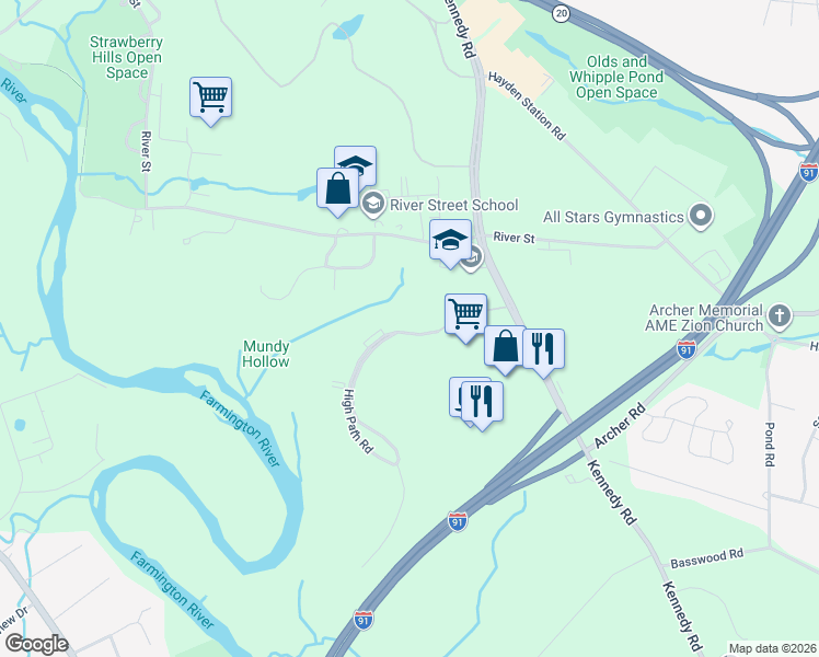 map of restaurants, bars, coffee shops, grocery stores, and more near 312 High Path Road in Windsor