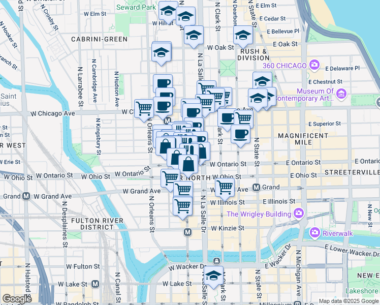 map of restaurants, bars, coffee shops, grocery stores, and more near 167 West Erie Street in Chicago