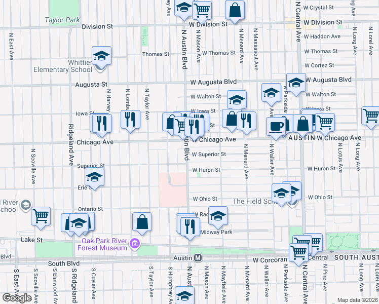 map of restaurants, bars, coffee shops, grocery stores, and more near 735 North Austin Boulevard in Chicago