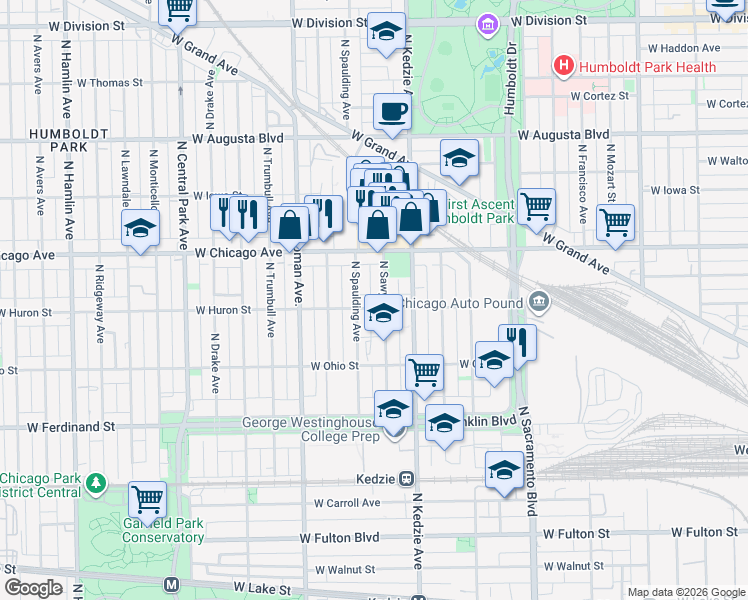 map of restaurants, bars, coffee shops, grocery stores, and more near 652 North Sawyer Avenue in Chicago
