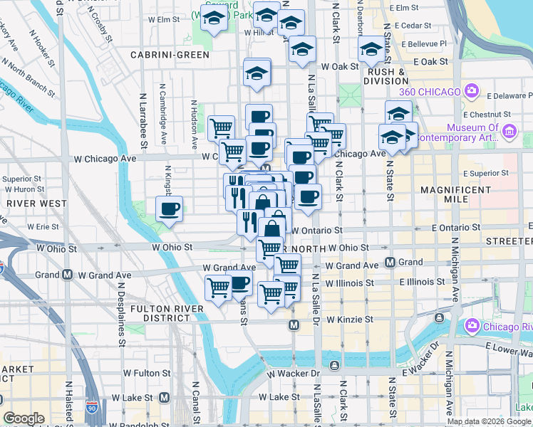 map of restaurants, bars, coffee shops, grocery stores, and more near W Erie St & N Franklin St in Chicago