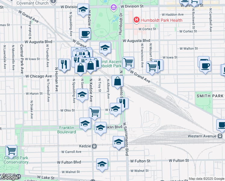 map of restaurants, bars, coffee shops, grocery stores, and more near 627 North Albany Avenue in Chicago