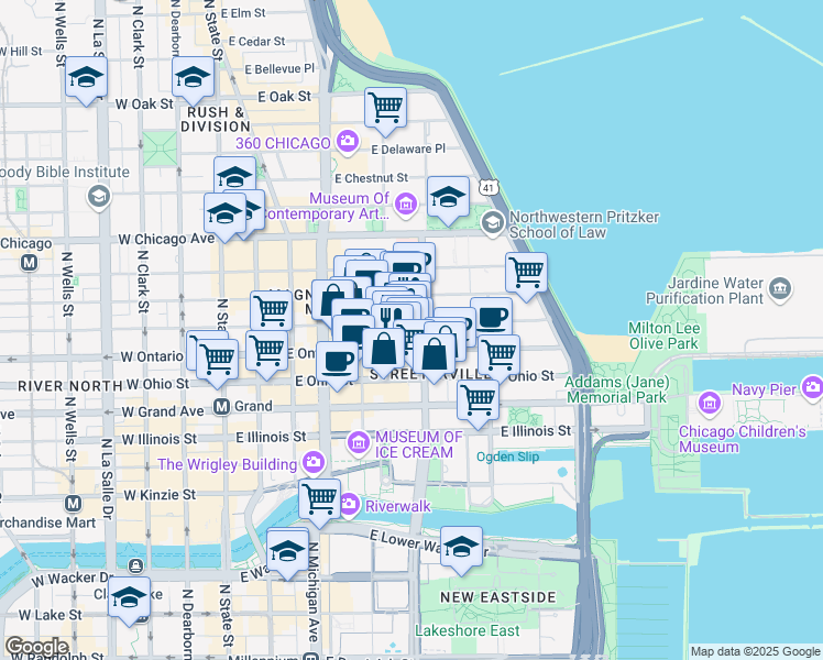 map of restaurants, bars, coffee shops, grocery stores, and more near 259 East Erie Street in Chicago