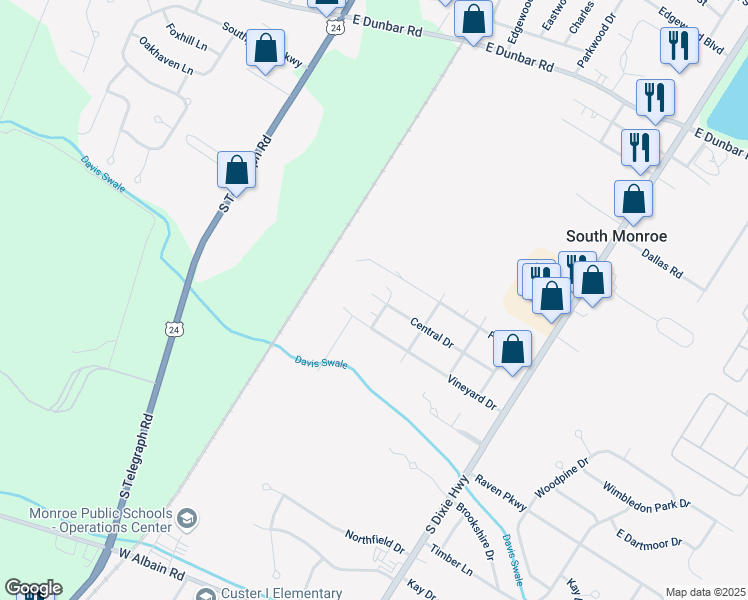 map of restaurants, bars, coffee shops, grocery stores, and more near 5400 Vineyard Drive in Monroe