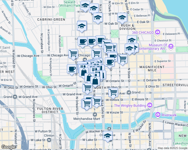 map of restaurants, bars, coffee shops, grocery stores, and more near 635 North Wells Street in Chicago