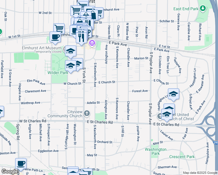 map of restaurants, bars, coffee shops, grocery stores, and more near 243 Arlington Avenue in Elmhurst