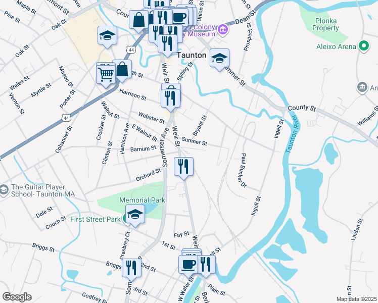 map of restaurants, bars, coffee shops, grocery stores, and more near 280R Weir Street in Taunton