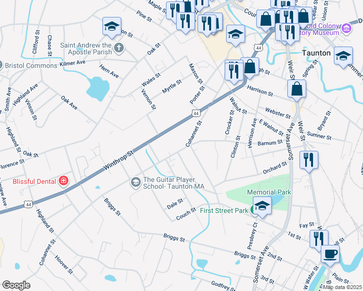 map of restaurants, bars, coffee shops, grocery stores, and more near 390 Cohannet Street in Taunton