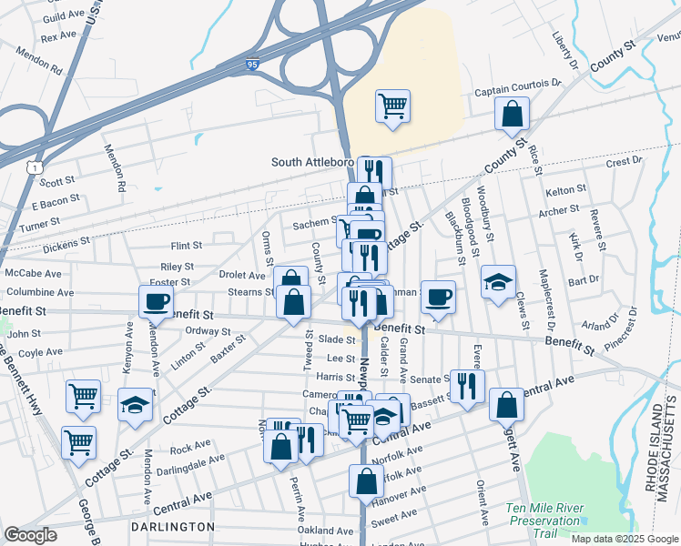 map of restaurants, bars, coffee shops, grocery stores, and more near 715 Cottage Street in Pawtucket