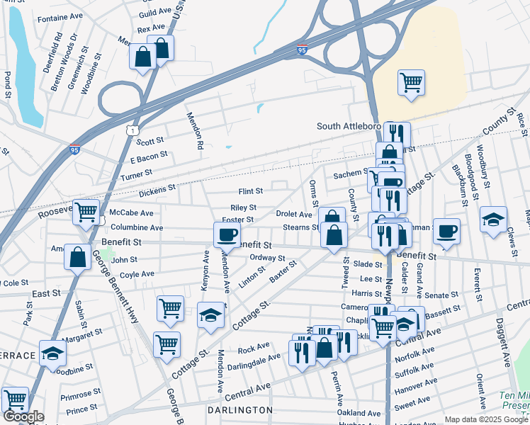map of restaurants, bars, coffee shops, grocery stores, and more near 38 Stearns Street in Pawtucket