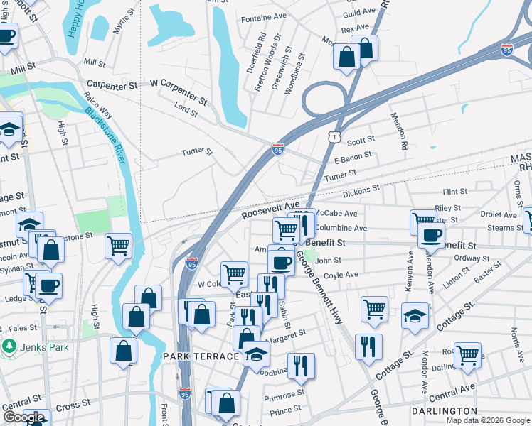 map of restaurants, bars, coffee shops, grocery stores, and more near 4 Collins Avenue in Pawtucket