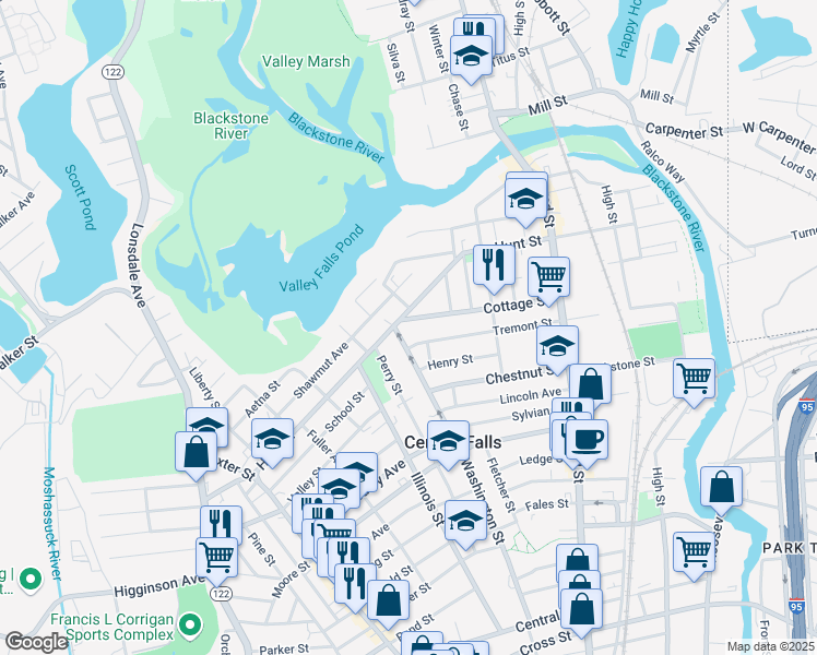 map of restaurants, bars, coffee shops, grocery stores, and more near 189 Tremont Street in Central Falls