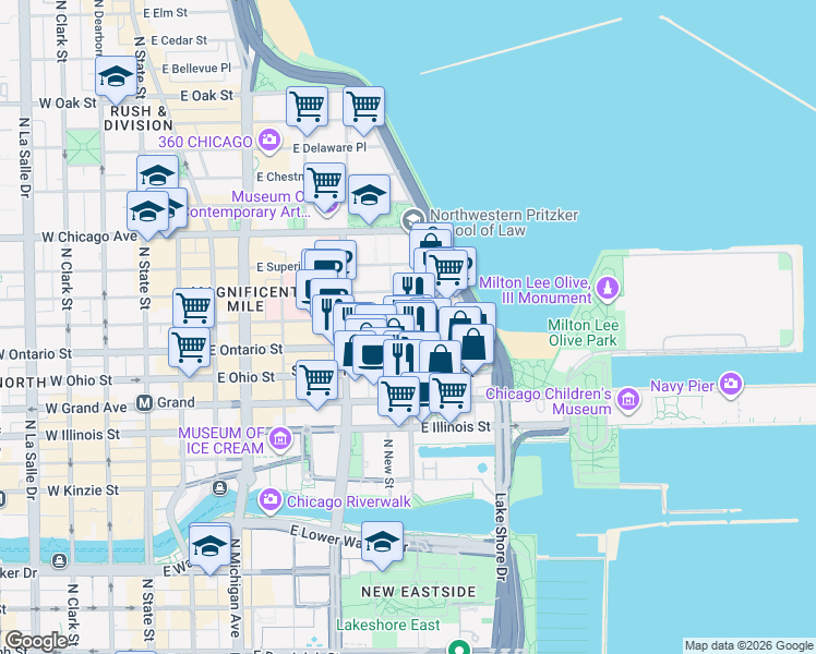 map of restaurants, bars, coffee shops, grocery stores, and more near 355 East Ontario Street in Chicago