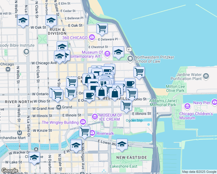 map of restaurants, bars, coffee shops, grocery stores, and more near 240 East Ontario Street in Chicago