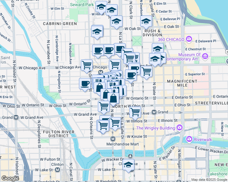 map of restaurants, bars, coffee shops, grocery stores, and more near 634 North Wells Street in Chicago