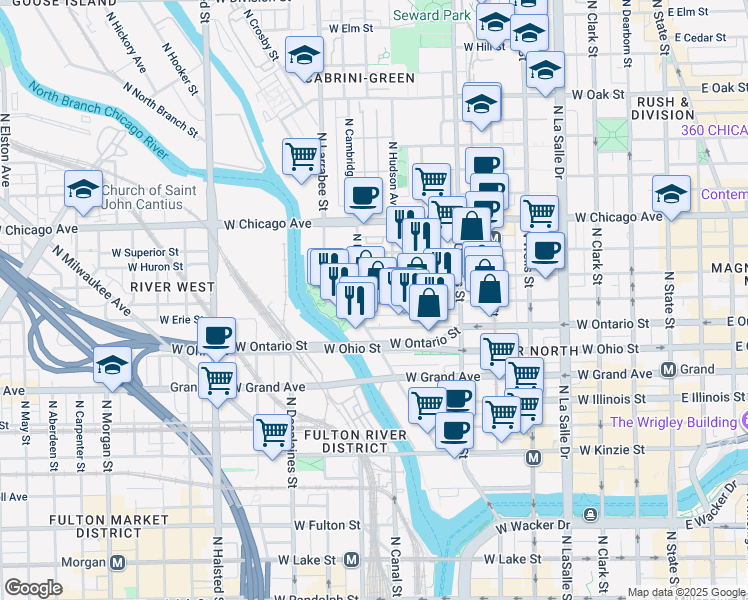 map of restaurants, bars, coffee shops, grocery stores, and more near 435 West Erie Street in Chicago