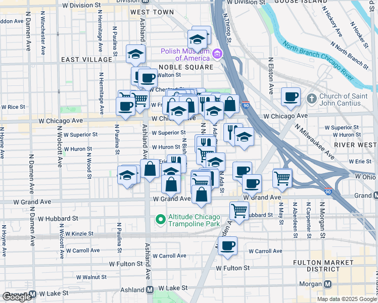 map of restaurants, bars, coffee shops, grocery stores, and more near 1416 West Erie Street in Chicago