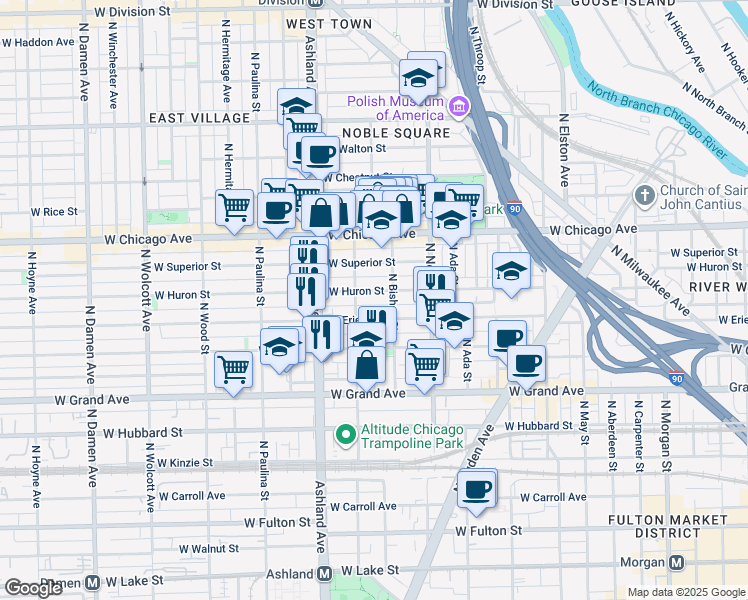 map of restaurants, bars, coffee shops, grocery stores, and more near 1458 West Erie Street in Chicago