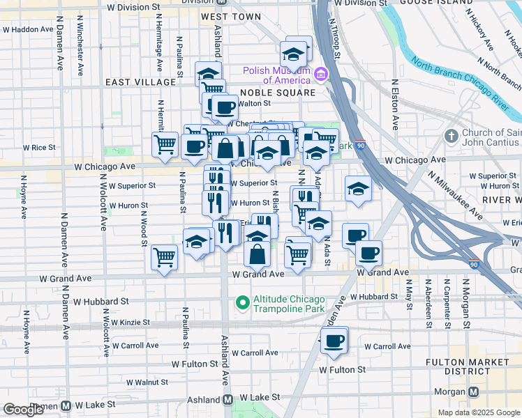 map of restaurants, bars, coffee shops, grocery stores, and more near 1458 West Erie Street in Chicago
