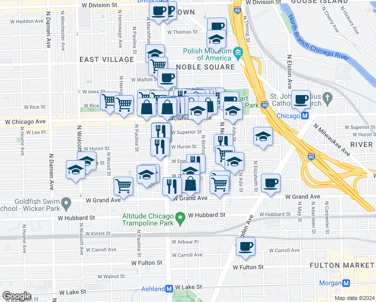 map of restaurants, bars, coffee shops, grocery stores, and more near 1508 West Erie Street in Chicago