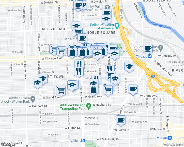 map of restaurants, bars, coffee shops, grocery stores, and more near 1508 West Erie Street in Chicago