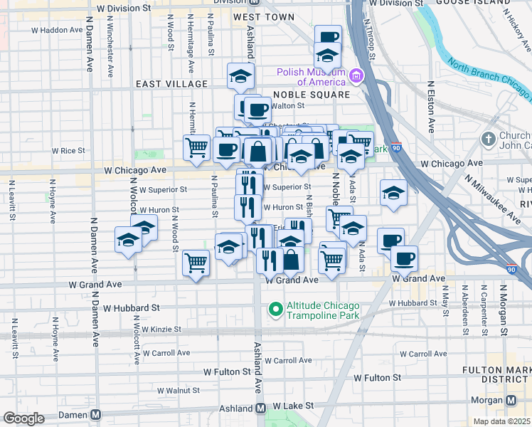 map of restaurants, bars, coffee shops, grocery stores, and more near 1508 West Erie Street in Chicago