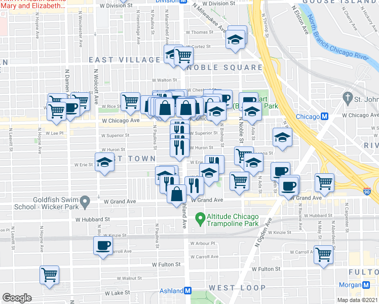 map of restaurants, bars, coffee shops, grocery stores, and more near 636 North Ashland Avenue in Chicago