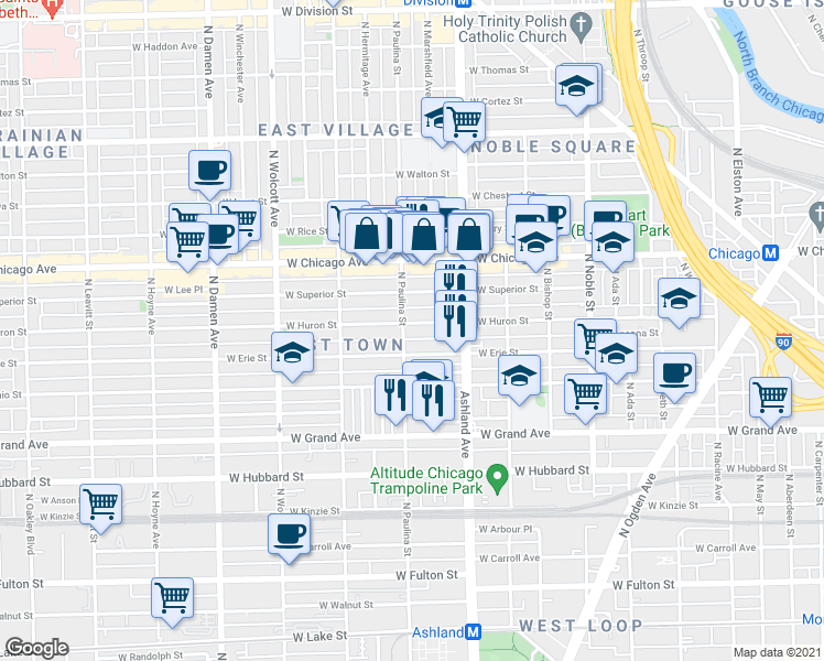 map of restaurants, bars, coffee shops, grocery stores, and more near 1646 West Erie Street in Chicago