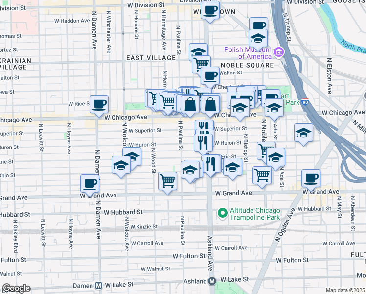 map of restaurants, bars, coffee shops, grocery stores, and more near 1646 West Erie Street in Chicago