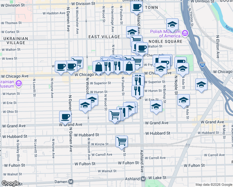 map of restaurants, bars, coffee shops, grocery stores, and more near 1718 West Erie Street in Chicago